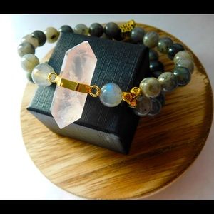 Double Stranded Boho Country Rose Labradorite Gold Crystal Pendant Bead Bracelet